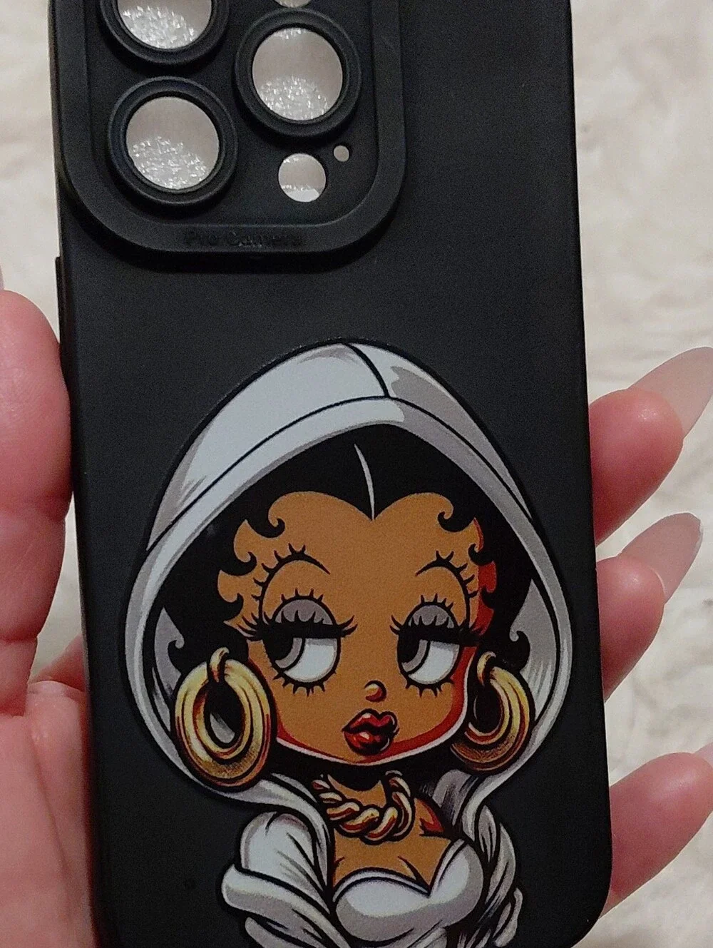 Ipnone 14 Pro  Case Black Phone Case with Betty Boop Hooded Character Graphic
